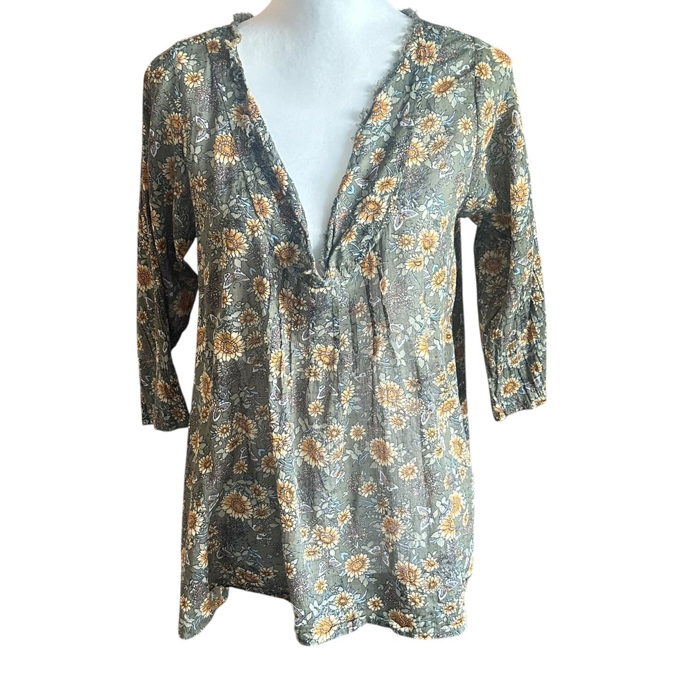 Natural Life Floral‎ Tunic Top V Neck 3/4 Sleeve Olive Yellow Women's S/M